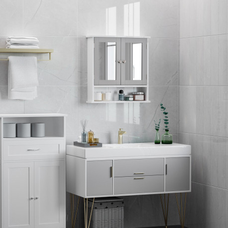 kleankin Mirror Cabinet Wall Mounted with Double Mirrored Doors, Hanging Cabinet with Cupboard and Shelf, Bathroom Wall Storage 