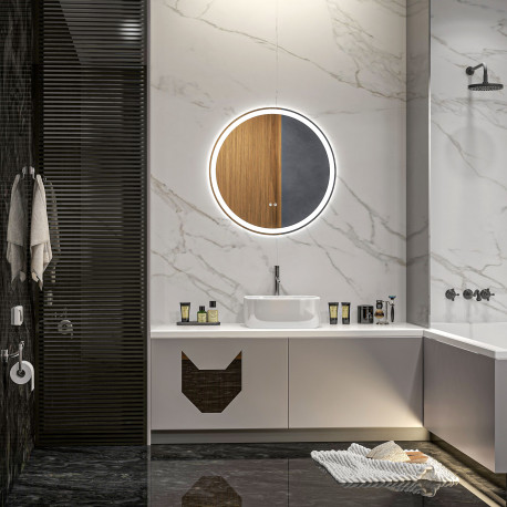 kleankin Round Bathroom Mirror with LED Lights, Wall Mount Dimmable Makeup Mirror with 3 Temperature Colours, Defogging Film and