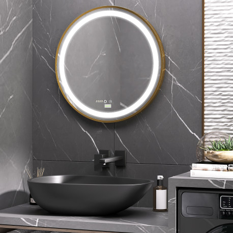 kleankin Round LED Bathroom Mirror, Dimmable Lighted Wall Mount Mirror with 3 Colours, Time Display, Memory Function, Hardwired