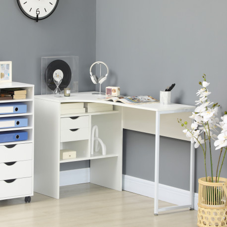 L Shaped Desk, 120cm Computer Desk, Corner Desk with 2 Drawers and 3 Storage Compartments for Home Office, Study Workstation, Wh