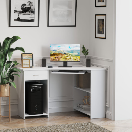 L-Shaped Corner Computer Desk w/ 2 Shelves Wide Worktop Keyboard Tray Drawer & CPU Stand Home Office Study Bedroom Furniture Whi