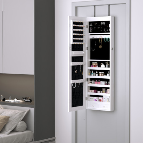 Jewelry Cabinet with Mirror and LED Lights, Lockable Makeup Cosmetics Jewellery Organiser, Mirror with Storage for Bedroom Dress