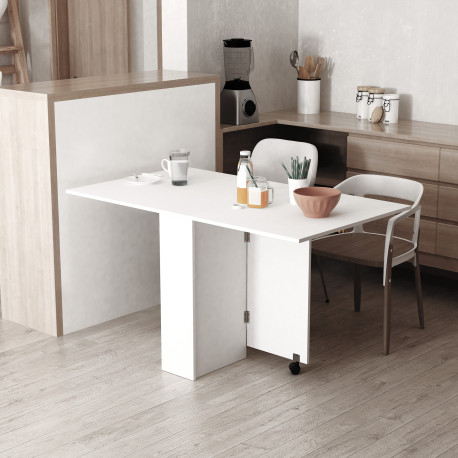 Folding Dining Table, Drop Leaf Table for Small Spaces with 2-tier Shelves, Small Kitchen Table with Rolling Casters, White