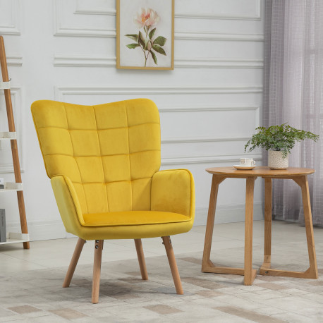 Modern Accent Chair, Upholstered Tufted Wingback Armchair with Seat Padding, Leisure Lounge Bedroom Chair with Wood Legs, Yellow