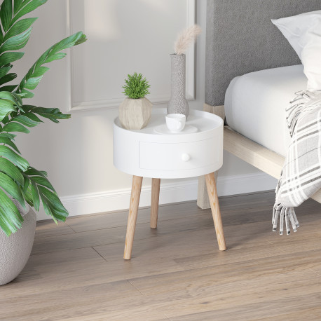 Modern Side Table, Small Coffee Table, Round Bedside Table with Drawer and Wood Legs for Living Room, Bedroom, White