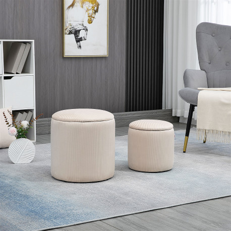 Modern Storage Ottoman with Removable Lid, Fabric Storage Stool, Foot Stool, Dressing Table Stool, Set of 2, Cream White