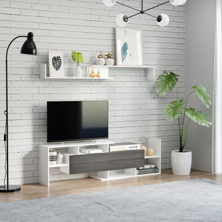 Modern TV Cabinet with Wall Shelf, TV Unit with Storage Shelf and Cabinet, for Wall-Mounted 65" TVs or Standing 40" TVs, White a