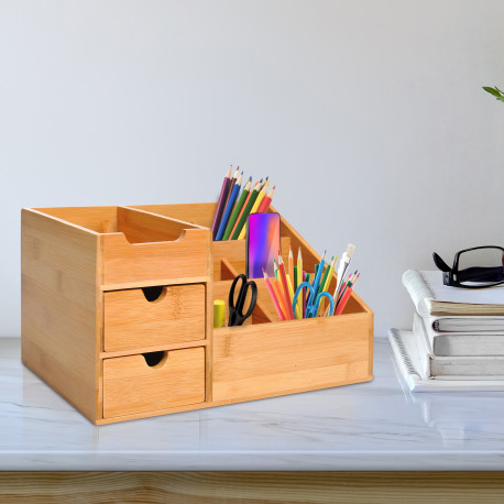 Desk Organiser Holder, Bamboo Multi-Function Storage Caddy with 7 Storage Compartments and 2 Drawers for Home Office Stationary 