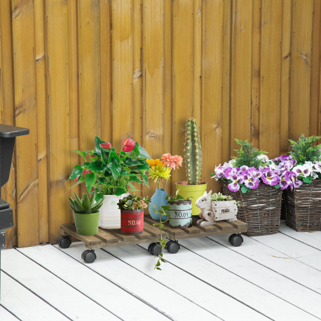 Outsunny 30L x 30W x 7Hcm 2 Pack Plant Stand with Wheels, Flowerpot Holder, Wooden Flower Display Stand for Indoor Outdoor Livin
