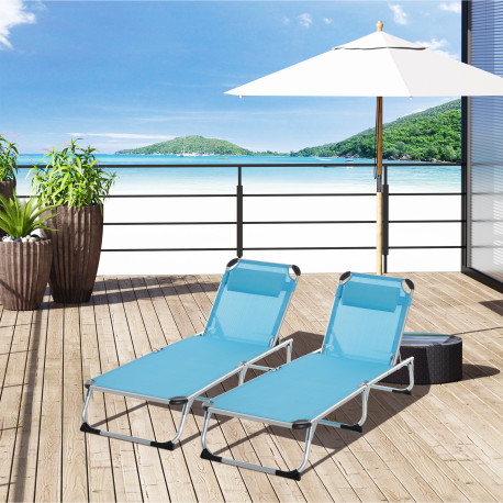 Outsunny 2 Pieces Foldable Outdoor Sun Lounger with Pillow, 5-Level Adjustable Reclining Lounge Chair, Aluminium Frame Camping B