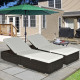 Outsunny PE Rattan Sun Lounger with Cushion, Outdoor Garden Sunbed Furniture with 5-Level Recliner Backrest, and Armrest, Set of