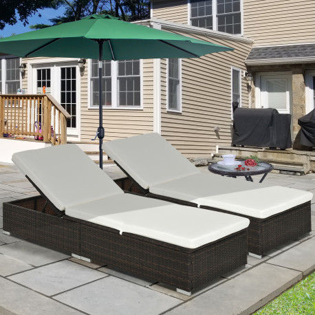 Outsunny PE Rattan Sun Lounger with Cushion, Outdoor Garden Sunbed Furniture with 5-Level Recliner Backrest, and Armrest, Set of