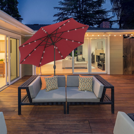 Outsunny 2.7m Patio Garden Umbrella Outdoor Parasol with Tilt Crank and 24 LEDs Lights (Red)