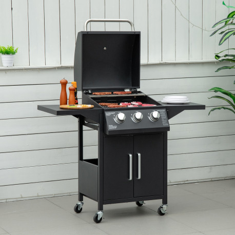 Outsunny 3 Burner Gas BBQ Grill Outdoor Portable Barbecue Trolley w/ Warming Rack, Side Shelves, Storage Cabinet, Thermometer, C