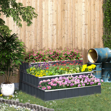 Outsunny 3 Tier Raised Garden Bed, Metal Elevated Planer Box Kit Flower Pot w/ A Pairs of Glove for Garden, Patio to Grow Vegeta