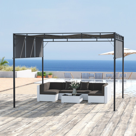 Outsunny 3 x 3(m) Steel Pergola Gazebo with Retractable Roof, Garden Gazebo Canopy Sun Shade Shelter for Outdoor, Deck, Patio, D