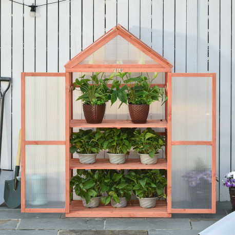 Outsunny Garden Cold Frame Polycarbonate Greenhouse with Adjustable Shelves, Double Doors, Openable Top Covers, Grow House for F
