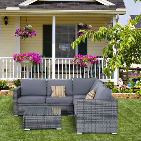 Outsunny 4 Pieces Rattan Garden Furniture Set, Wicker Outdoor Furniture with Corner Sofa Loveseat Coffee Table Cushions, Conserv