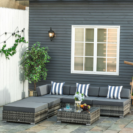 Outsunny 6 PC Rattan Sofa Coffee Table Set Sectional Wicker Weave Furniture for Garden Outdoor Conservatory w/ Pillow Cushion Gr