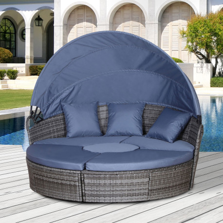 Outsunny PE Rattan Lounge Set, 5 Pieces Patio Conversation Furniture Set, Garden Round Sofa Bed with Cushion and Retractable Can