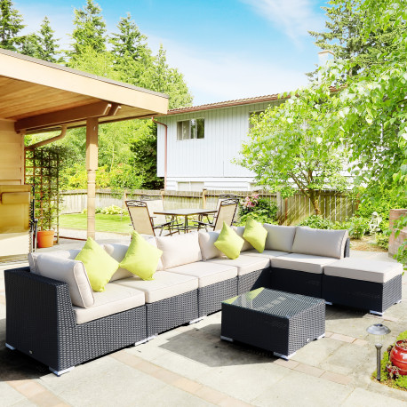 Outsunny 8 Pieces PE Rattan Corner Sofa Set with Thick Cushions, Aluminium Outdoor Rattan Garden Furniture Set with Glass Top Ta