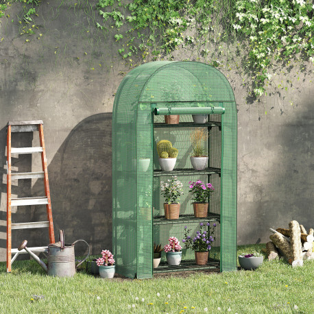 Outsunny 4 Tier Mini Greenhouse for Outdoor, Portable Gardening Plant Green House with Storage Shelf, Roll-Up Zipped Door, Metal