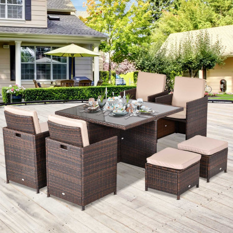 Outsunny 8 Seater Rattan Cube Garden Furniture Set, Rattan Dining Set with Cushions, Outdoor Dining Table and Chairs with 4 Armc