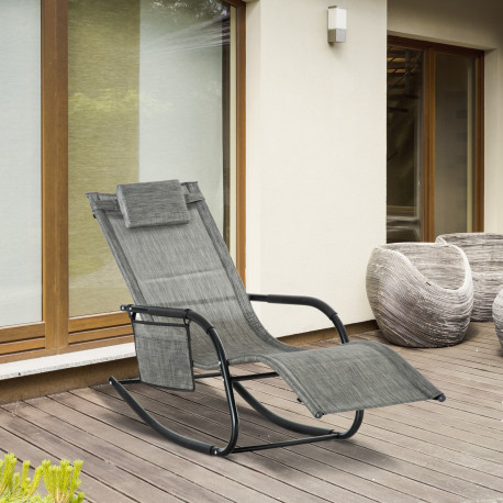 Outsunny Outdoor Garden Rocking Chair, Patio Sun Lounger Rocker Chair with Breathable Mesh Fabric, Removable Headrest Pillow, Ar