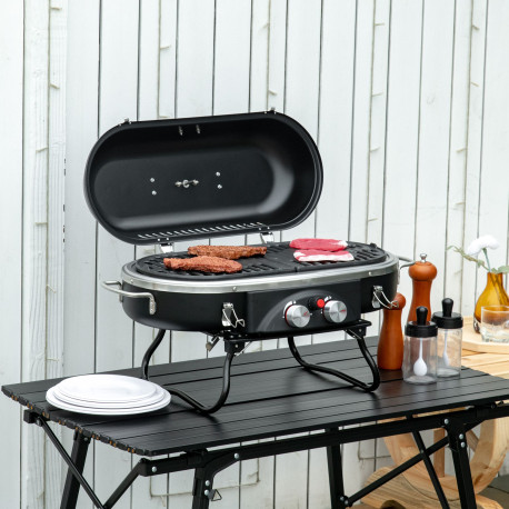 Outsunny Foldable Gas BBQ Grill 2 Burner Table Top Barbecue with Lid Piezo Ignition Thermometer for Camping Picnic Cooking, Alum