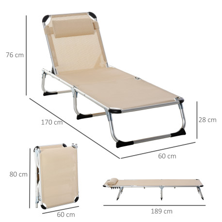 Outsunny Foldable Outdoor Sun Lounger, Reclining Lounge Chair Camping Bed Cot with Pillow 4-Level Adjustable Back Aluminium Fram