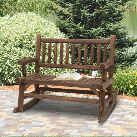 Outsunny Garden 2-Seater Rocking Bench Wood Frame Rough-Cut Log Loveseat Slatted High Back Rustic Style with Armrests Garden Out