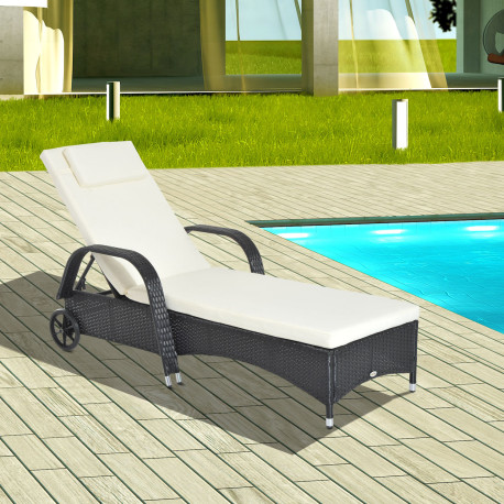 Outsunny Garden Rattan Furniture Single Sun Lounger Recliner Bed Reclining Chair Patio Outdoor Wicker Weave Adjustable Headrest 