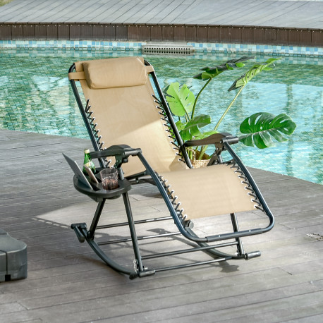 Outsunny Garden Rocking Chair Folding Recliner Outdoor Adjustable Sun Lounger Rocker Zero-Gravity Seat with Headrest Side Holder