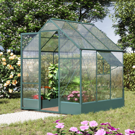 Outsunny 6x6 FT Polycarbonate Greenhouse with Base and Raised Bed, Walk-in Greenhouse with Aluminium Frame, Temperature Controll