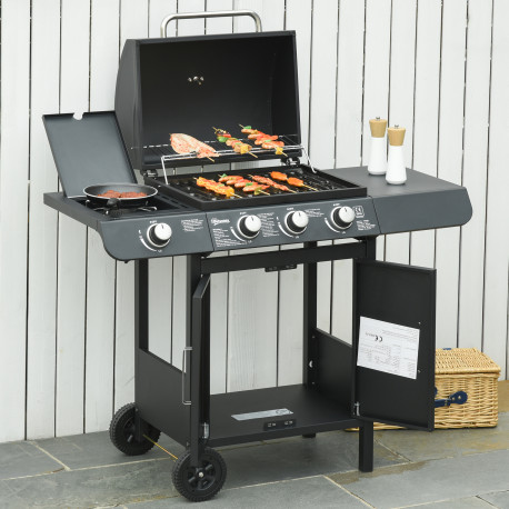 Outsunny Gas Burner Barbecue Grill 3+1 Burner Garden BBQ Trolley w/ Side Burner Warming Rack Side Shelves Storage Cabinet Piezo 