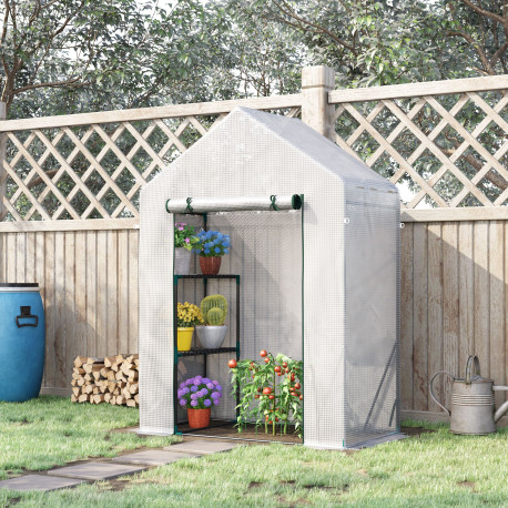 Outsunny Walk In Greenhouse with 2 Tier Shelf, Portable Gardening Plant Grow House with Roll up Zip Panel Door, Reinforced PE Co