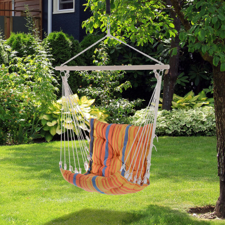 Outsunny Outdoor Hanging Rope Chair with Soft Padded Seat & Backrest, Garden Hammock Chair with Wooden Support Bar Cotton Cloth,