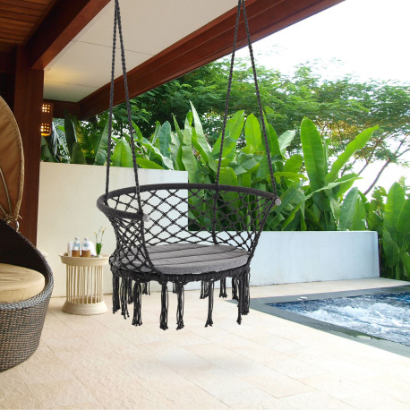 Outsunny Outdoor Hanging Rope Chair with Cotton Rope, Cotton-Polyester Blend Macrame Garden Hammock Chair with Seat Cushion, Sup