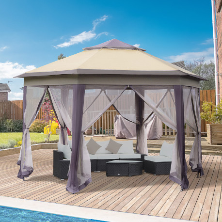 Outsunny 3 x 4m Garden Gazebo Hexagon Pop Up Party Tent Canopy Double Roof Instant Shelter with Netting and Carry Bag for Outdoo