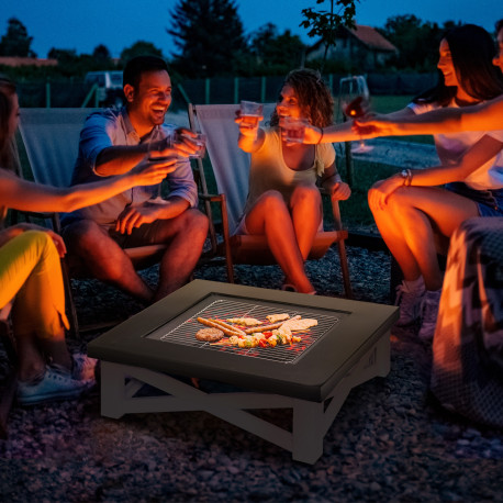 Outsunny Metal Large Firepit Outdoor 3 in 1 Square Fire Pit Brazier w/ BBQ Grill, Lid, Log Grate, Poker for Backyard, Camping, B