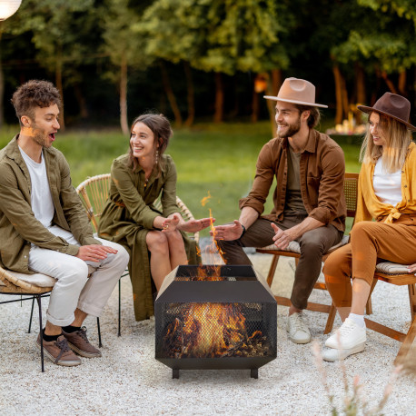 Outsunny Metal Square Fire Pit Outdoor Mesh Firepit Brazier w/ Lid, Log Grate, Poker for Backyard, Camping, Bonfire, Wood Burnin