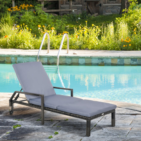 Outsunny Outdoor PE Rattan Sun Lounger Wicker Chaise Recliner Garden Chair with 5-Level Adjustable Backrest and 2 Wheels, Mixed 