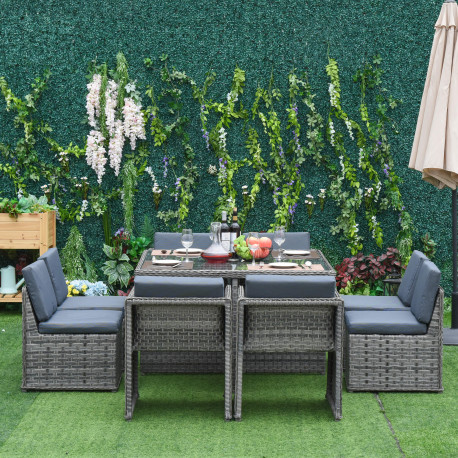 Outsunny 8 Seater Rattan Cube Garden Furniture Set with Parasol Hole, Rattan Dining Set with Cushions, Outdoor Dining Table and 