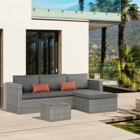 Outsunny 3 Pieces Outdoor PE Rattan Sofa Set, Patio Wicker Conversation Chaise Lounge Furniture w/ Tempered Glass Table-top & So