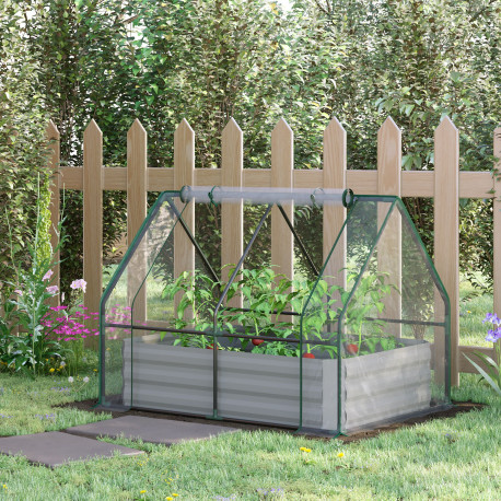 Outsunny Raised Garden Bed with Greenhouse, Steel Planter Box with Plastic Cover, Roll Up Window, Dual Use for Flowers, Vegetabl