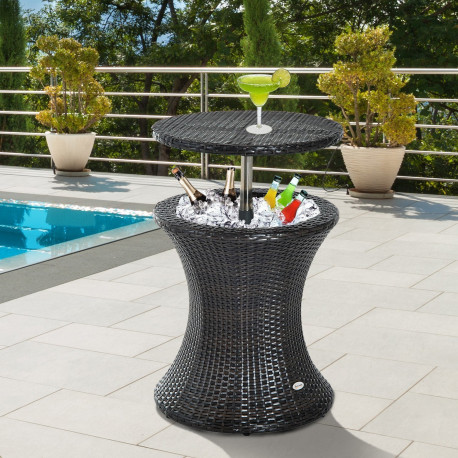 Outsunny PE Rattan Ice Bucket Table, Outdoor Round Liftable Beer Cooler, Cocktail Tables for Bar, Patio, Deck, Pool, Brown