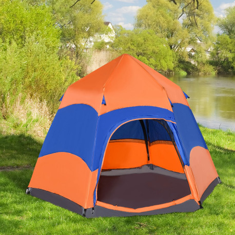 Outsunny Double Layer Dome Tent with Rainfly and Welded Floor, 4 Man Hexagon Pop Up Tent, Portable Camping Shelter with Hang Hoo