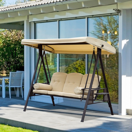 Outsunny Swing Chair Hammock Chair 3 Seater Canopy Cushion Shelter Outdoor Bench Steel Beige