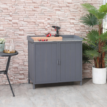 Outsunny Garden Storage Cabinet, Outdoor Tool Shed, Potting Bench Table with Galvanized Top and Two Shelves for Yard Tools or Po