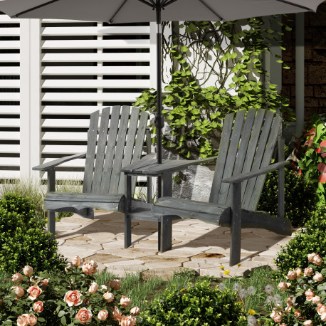 Outsunny Wooden Outdoor Double Adirondack Chairs Loveseat w/ Centre Table and Umbrella Hole, Garden Patio Furniture for Lounging